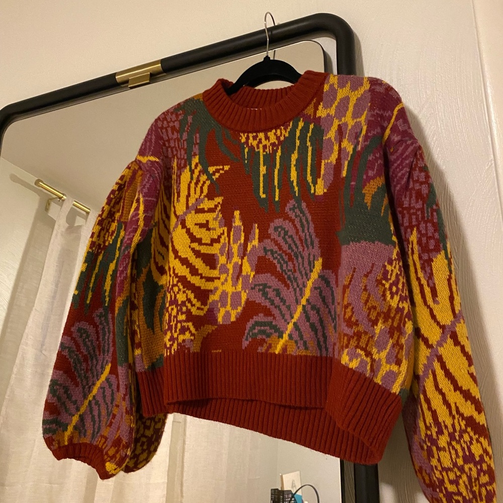Farm Rio Cropped Kit Balloon Sleeve Sweater Size XS